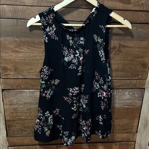 Monteau Black Floral Peplum Sleeveless Ruffle Top - Size M